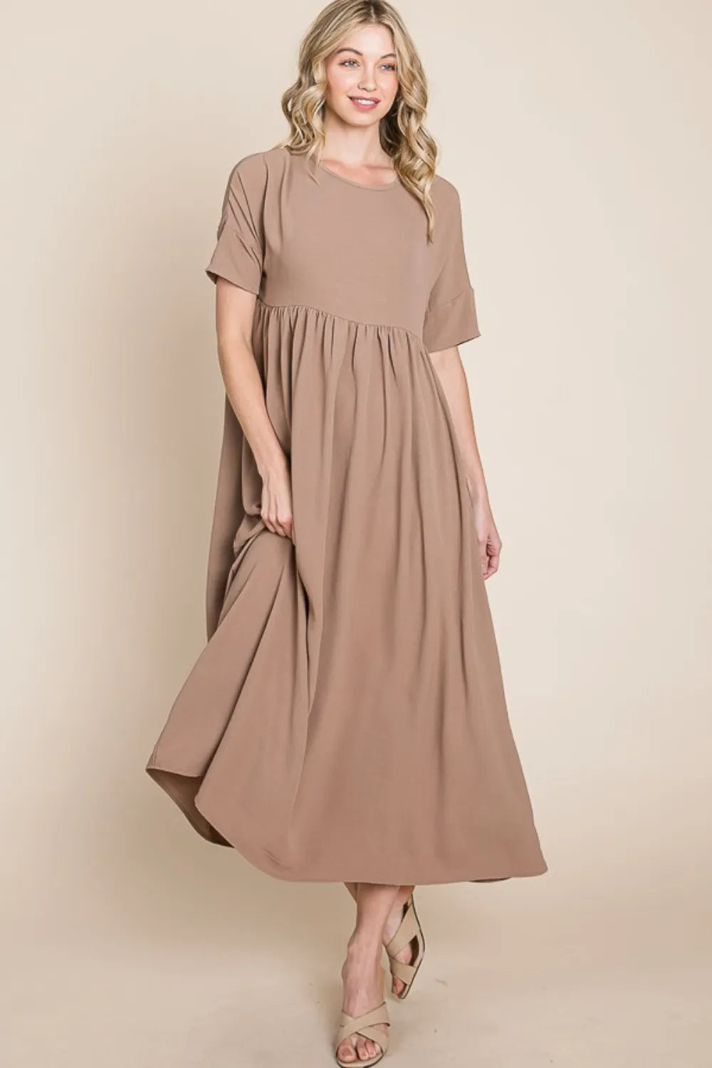 Image of BOMBOM Round Neck Ruched Midi Dress | Queeble.shop