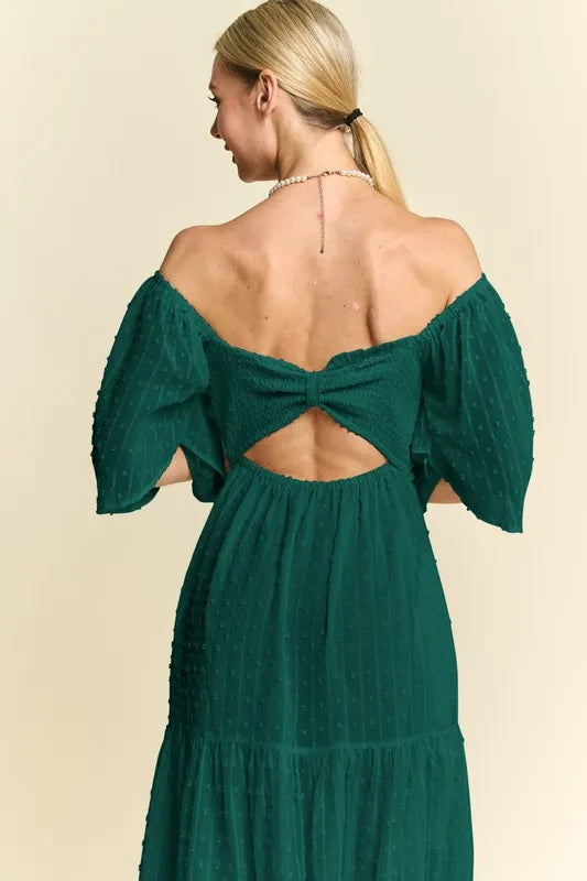 Image of Davi & Dani Swiss Dotted Ruched Ruffle Open Back Midi Dress | Queeble.shop
