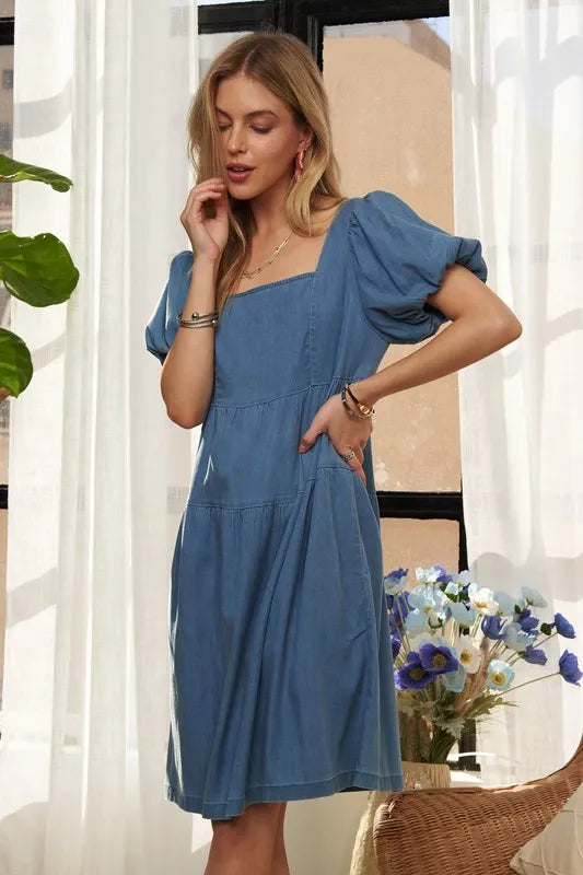 Image of ADORA Square Neck Puff Sleeve Denim Dress | Queeble.shop