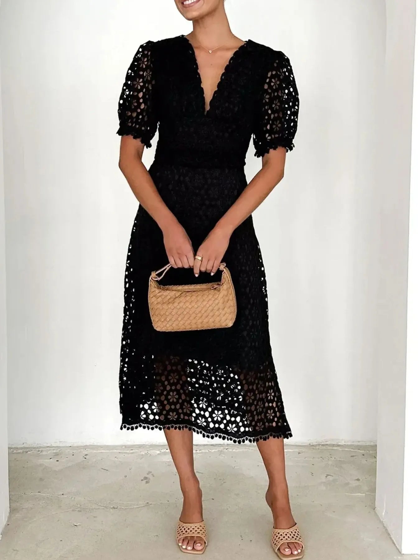 Image of Eyelet Lace V-Neck Midi Dress with Puff Sleeves | Queeble.shop