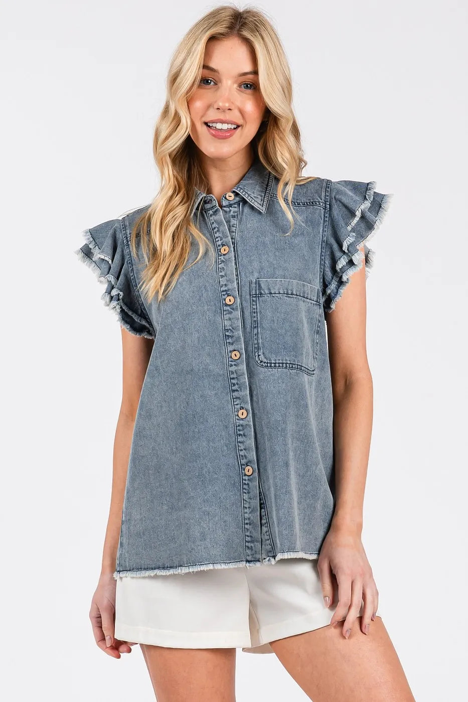 Image of Mittoshop Washed Denim Ruffle Short Sleeve Collared Shirt | Queeble.shop