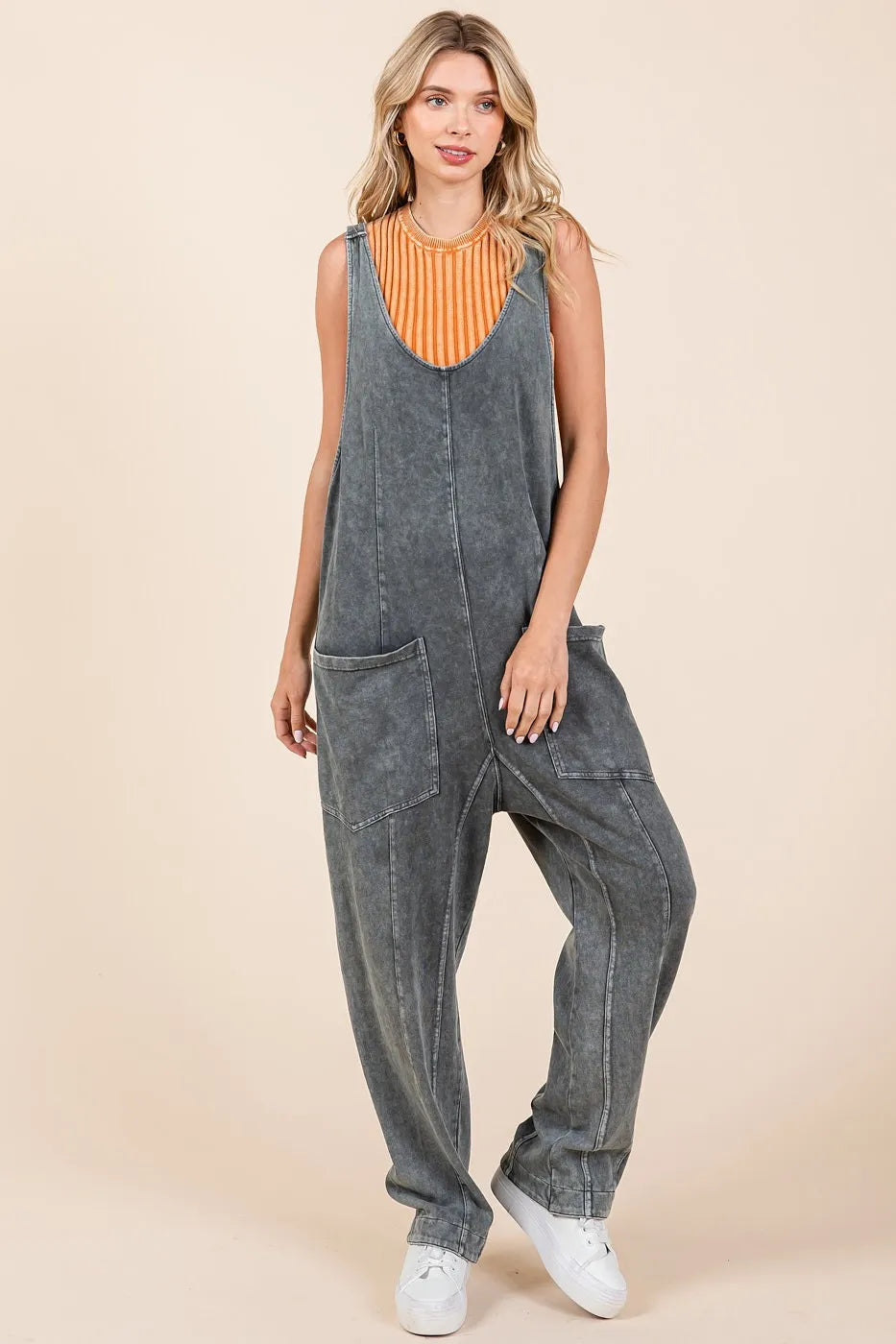 Image of Mittoshop Mineral Wash Relaxed Fit Sleeveless Harem Jumpsuit | Queeble.shop
