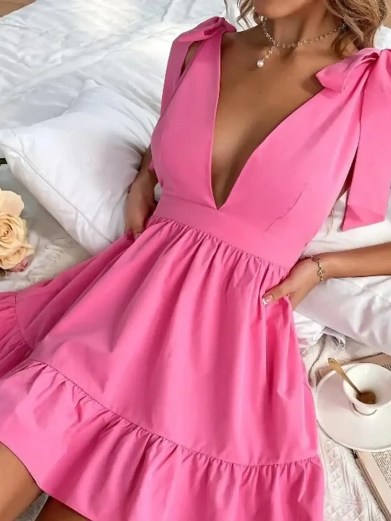 Image of Tie Shoulder Tiered Mini Dress | Queeble.shop