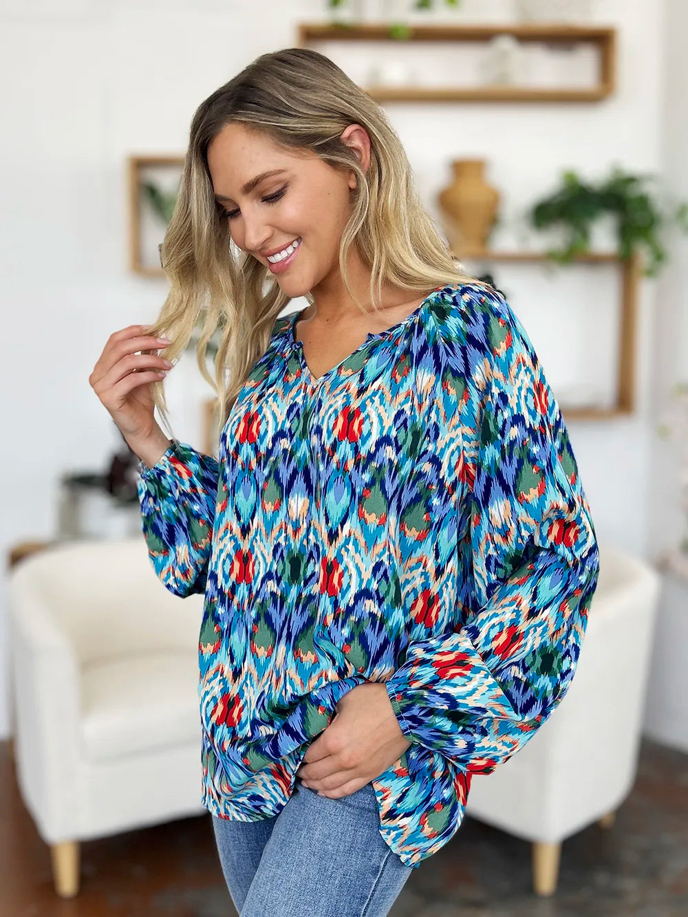 Image of Double Take Full Size Printed Balloon Sleeve Blouse | Queeble.shop
