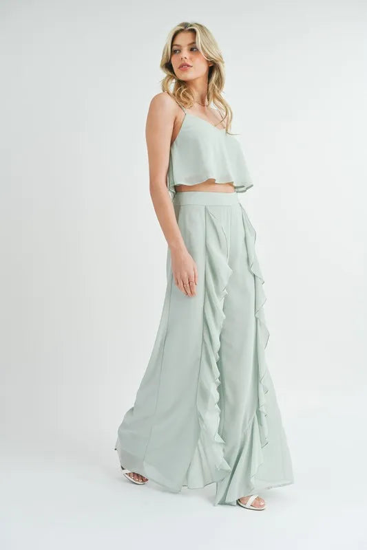 Image of MABLE Crop Cami and Ruffled Wide Leg Pants Set | Queeble.shop