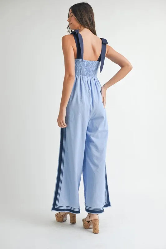 Image of MABLE Linen Mix Chevron Sail Shoulder Strap Jumpsuit | Queeble.shop