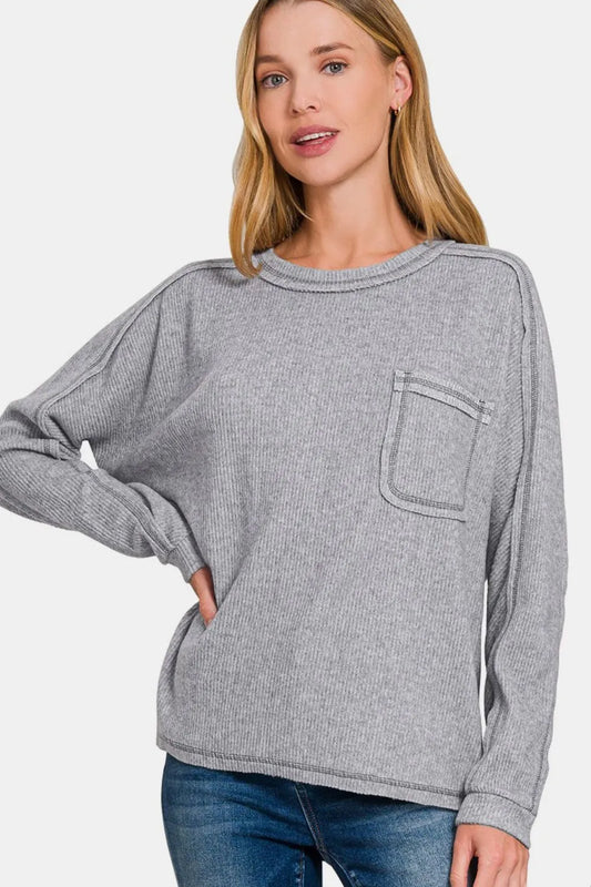 Image of Zenana Full Size Contrast Stitching Brushed Ribbed Hacci Knit Top | Queeble.shop