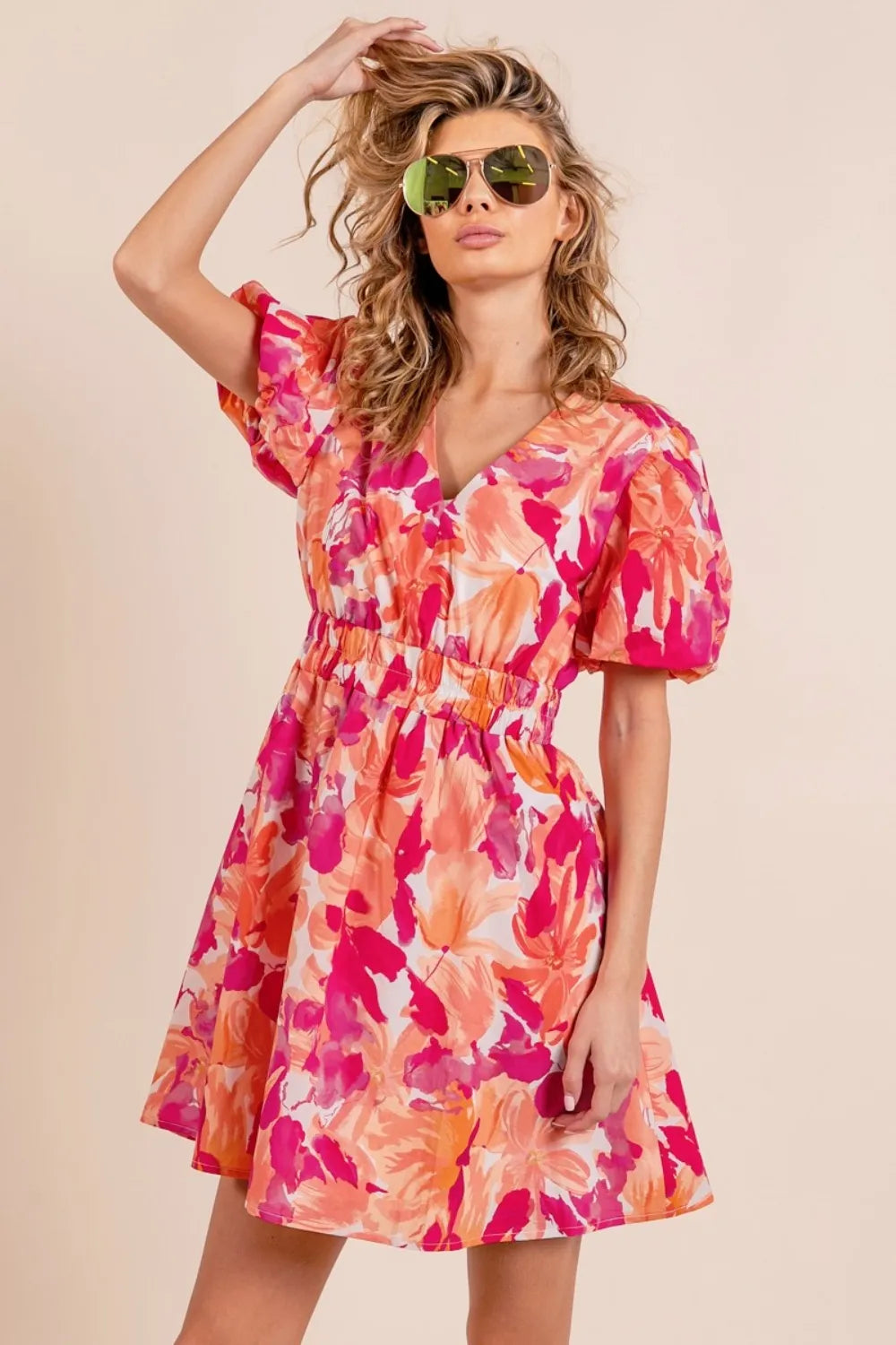 Image of BiBi Floral V-Neck Puff Sleeve Mini Dress | Queeble.shop