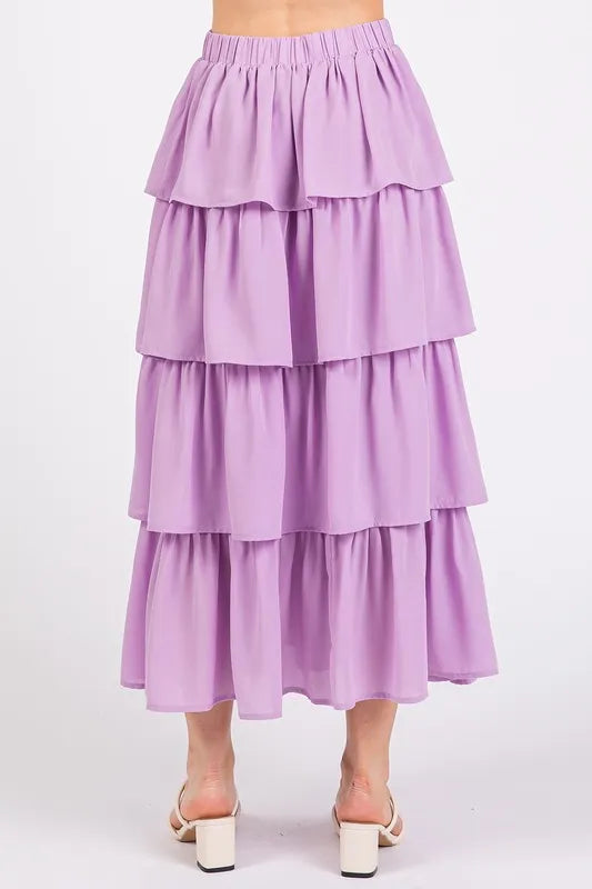 Image of Mittoshop Chiffon Ruffle Layer Elastic Waist Midi Skirt | Queeble.shop