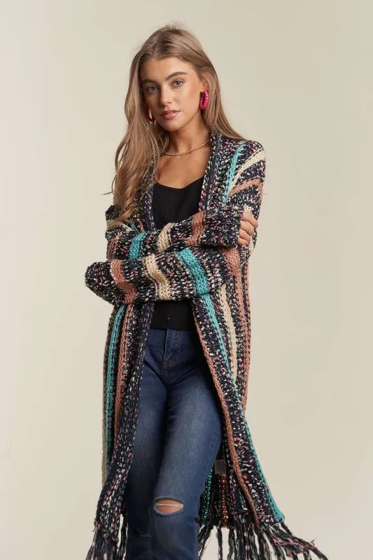 Image of ADORA Multi Colour Sweater Long Cardigan with Fringes | Queeble.shop