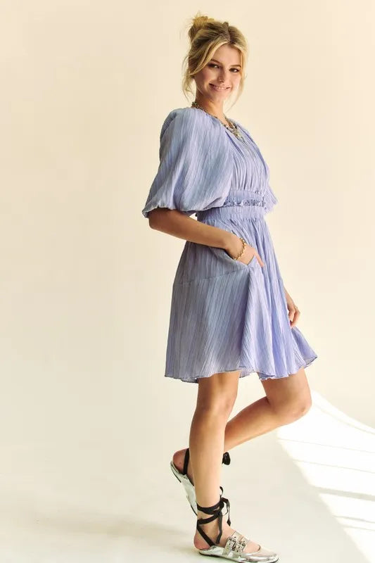 Image of Davi & Dani Back Button Puff Sleeve Mini Dress | Queeble.shop