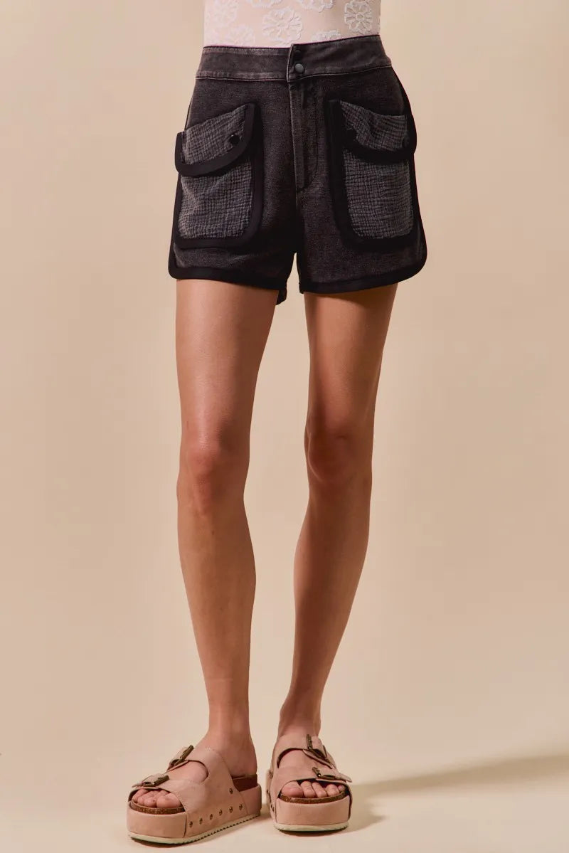 Image of SO ME Mineral Washed Terry High Rise Cargo Shorts | Queeble.shop