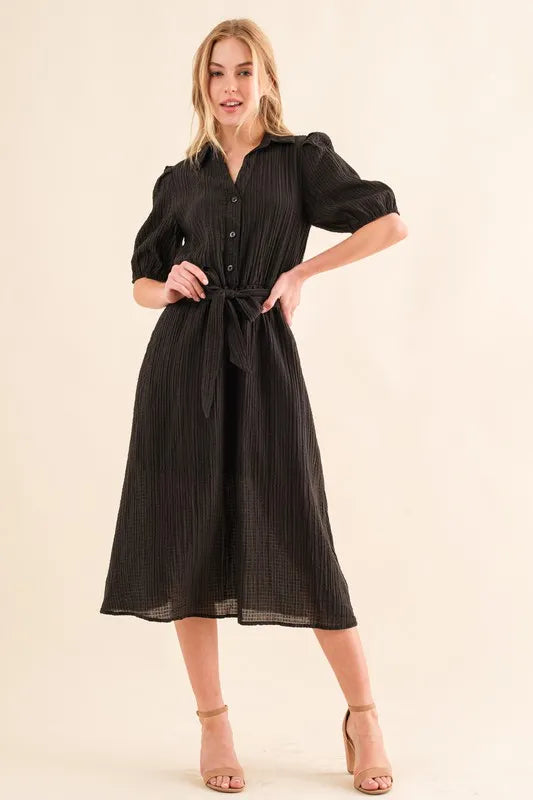 Image of And The Why Waffle Textured Ribbon Waist Midi Dress | Queeble.shop