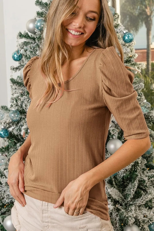 Image of BiBi Verigated Rib Knit Puff Sleeves Shorts Top | Queeble.shop