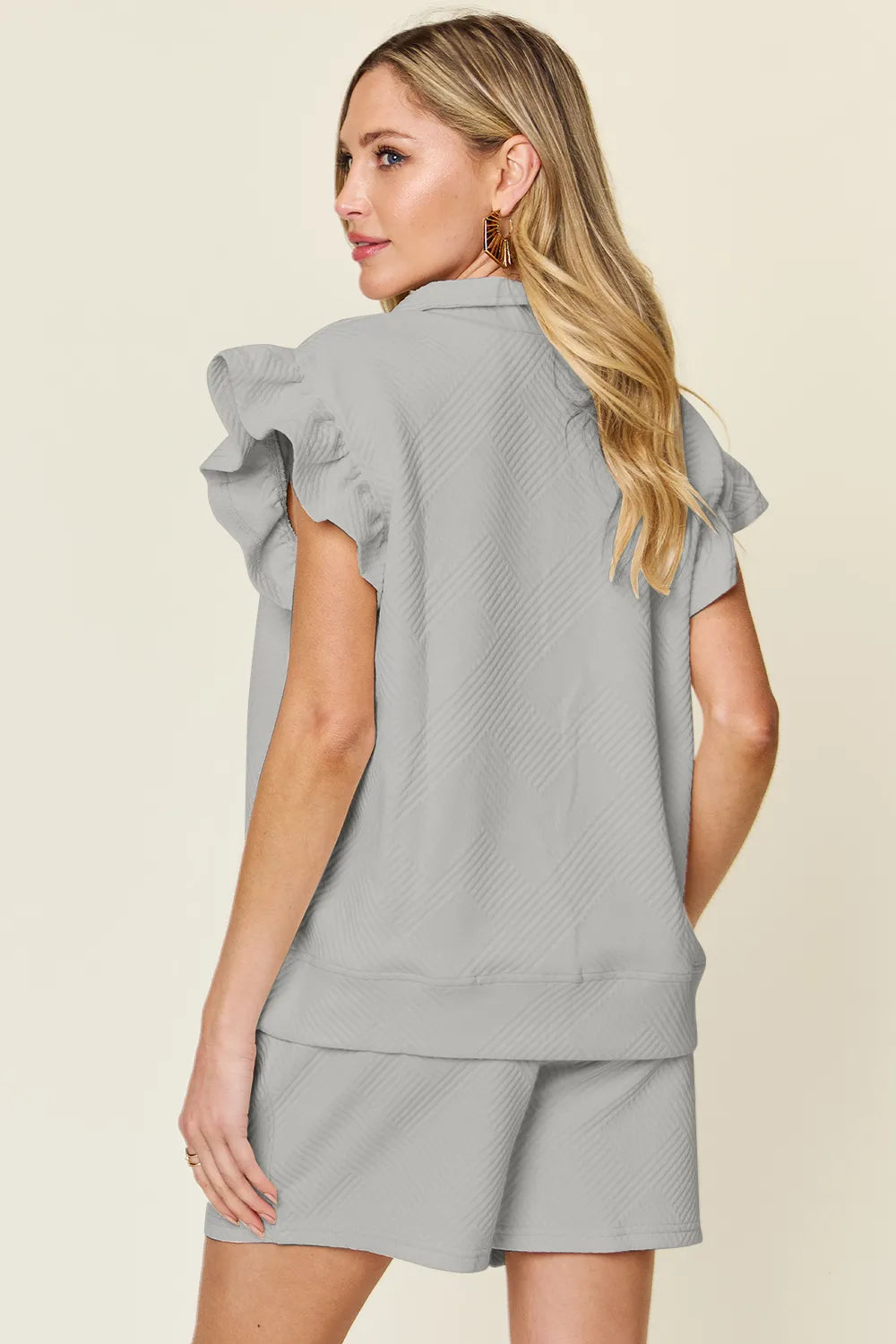 Image of Double Take Full Size Texture Flounce Sleeve Top and Drawstring Shorts Set | Queeble.shop