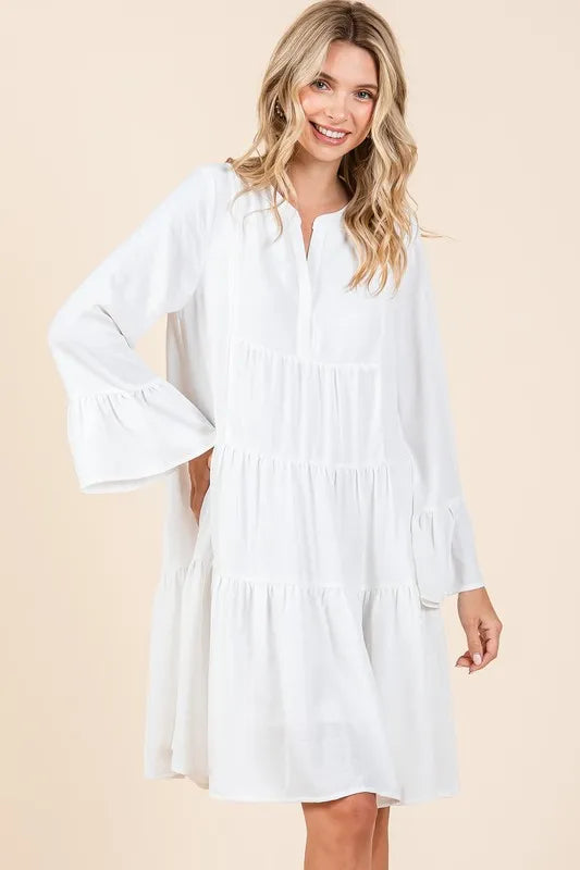 Image of Mittoshop Tiered Notched Flare Sleeve Dress | Queeble.shop