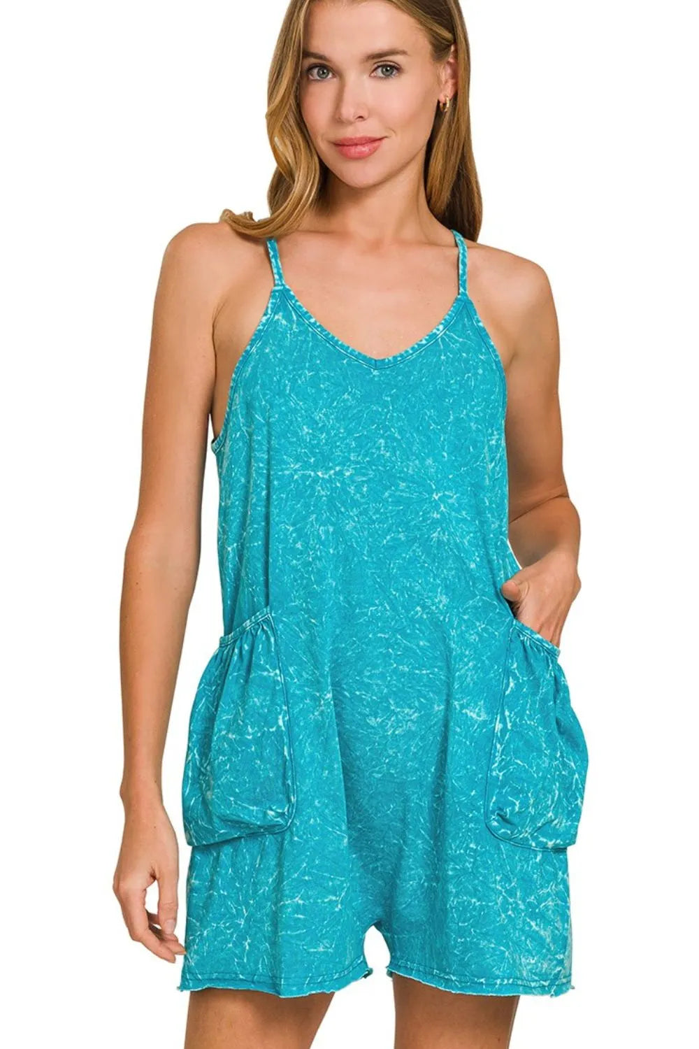 Image of Zenana Acid Crinkle Washed Spaghetti Strap Romper | Queeble.shop