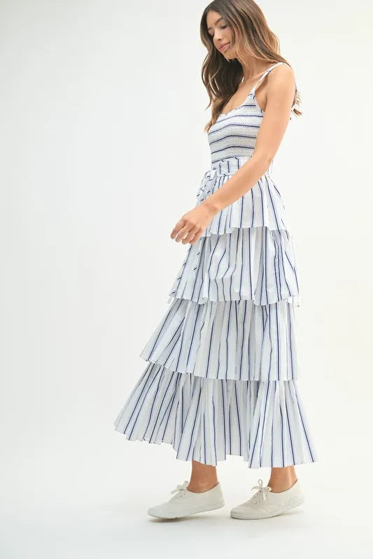 Image of MABLE Pin Stripe Smocked Bodice Layered Midi Dress | Queeble.shop