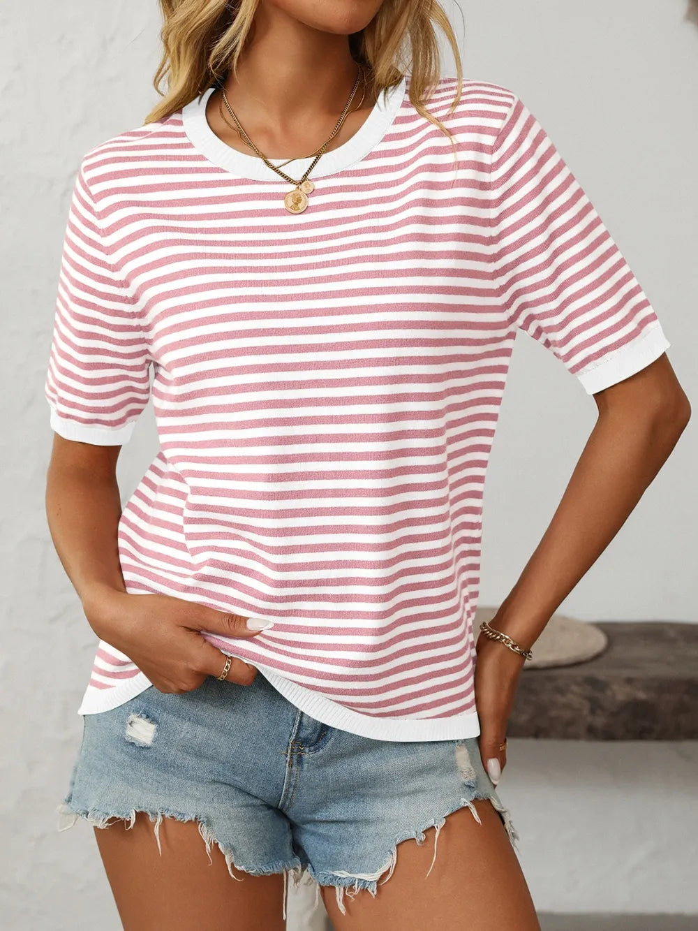 Image of Mandy Striped Round Neck Half Sleeve Knit Top | Queeble.shop