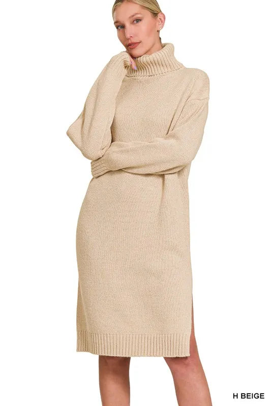 Image of Zenana Turtle Neck Long Sleeve Midi Sweater Dress | Queeble.shop