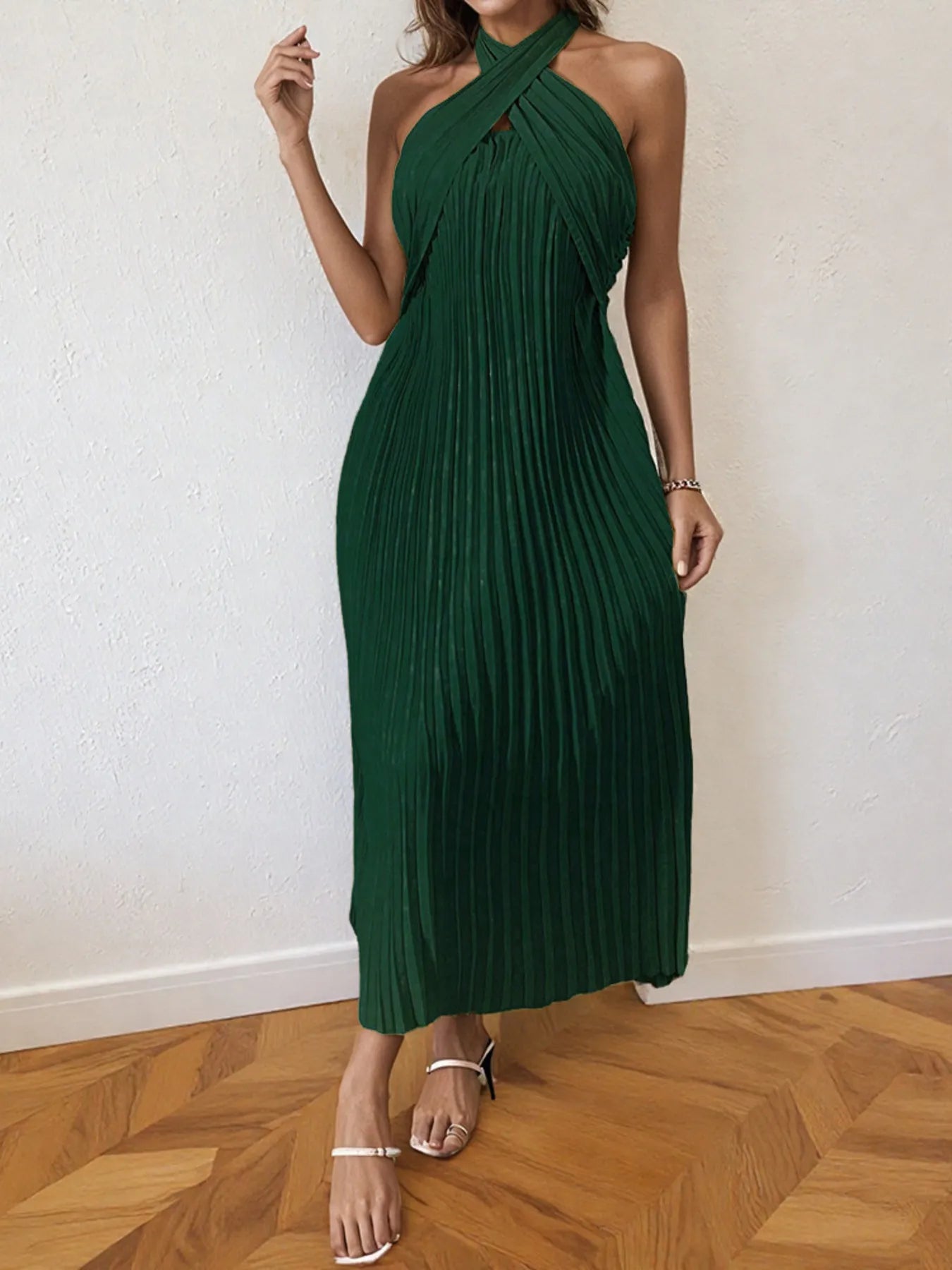 Image of Pleated Halter Neck Midi Dress | Queeble.shop