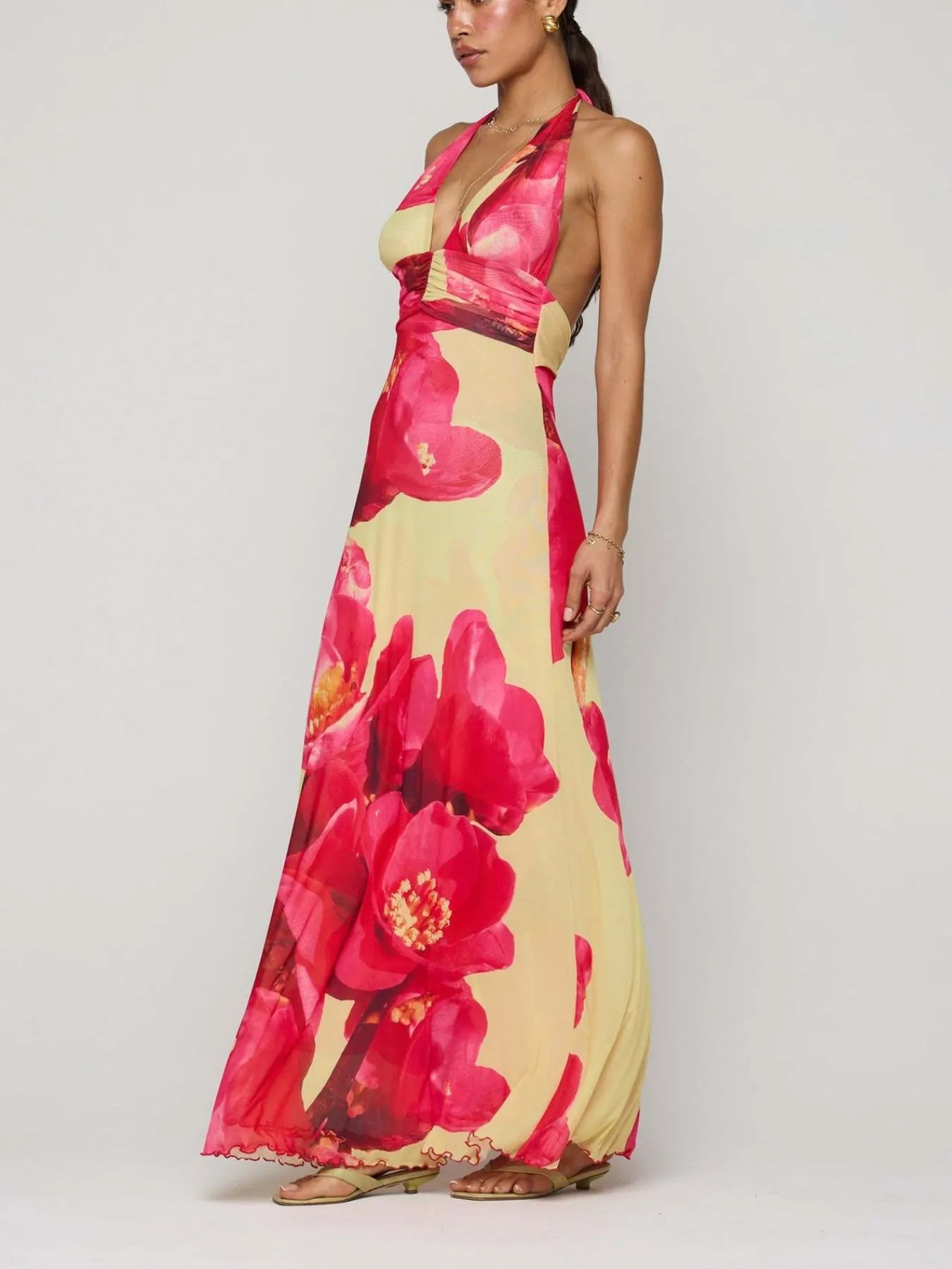 Image of Floral Halter Neck Deep V Maxi Dress | Queeble.shop