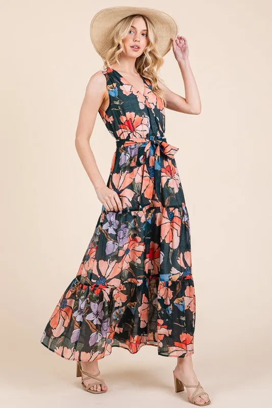 Image of Lime 'N' Chili Floral Print Sleeveless Tie Waist Maxi Dress | Queeble.shop