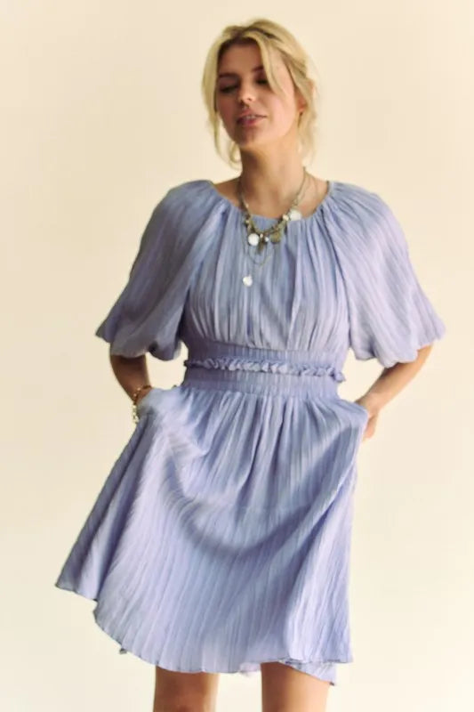 Image of Davi & Dani Back Button Puff Sleeve Mini Dress | Queeble.shop