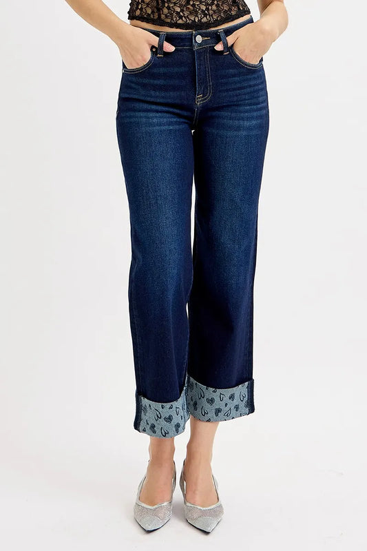 Image of RISEN Full Size Mid Rise Fit Crop Wide With Printed Cuff Jeans Plus Size | Queeble.shop
