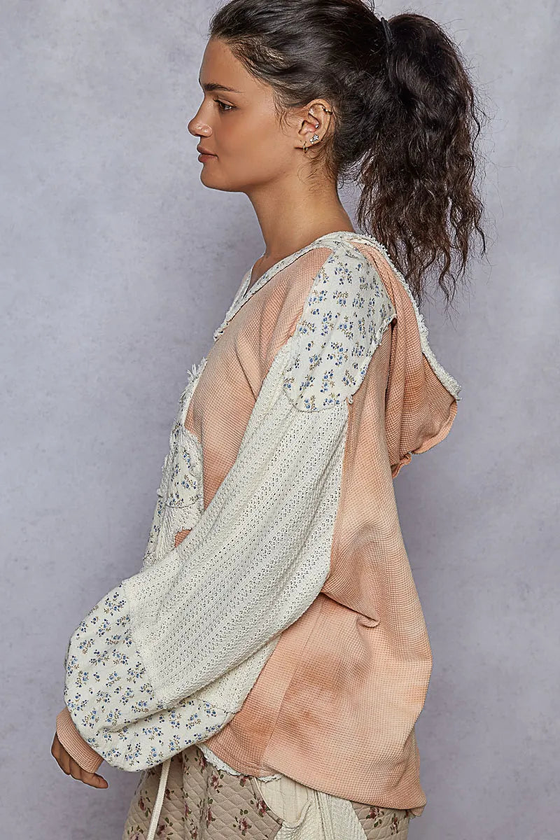 Image of POL Raw Hem Washed Hoodie with Flower Patch | Queeble.shop