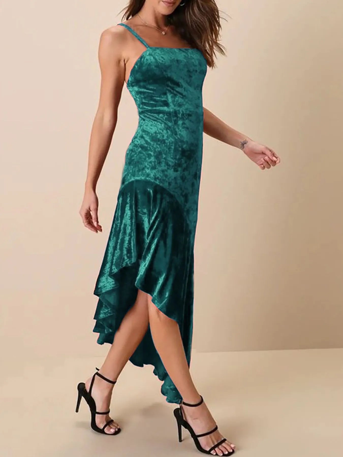 Image of Asymmetrical Velvet Cami Dress with Ruffle Hem | Queeble.shop