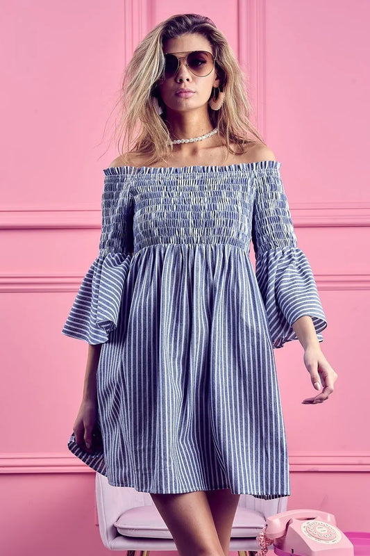 Image of BiBi Smocked Off Shoulder Striped Dress | Queeble.shop