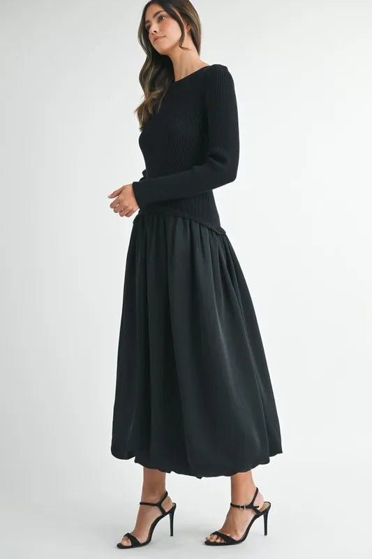 Image of MABLE Ribbed Poplin Mix Midi Sweater Dress | Queeble.shop