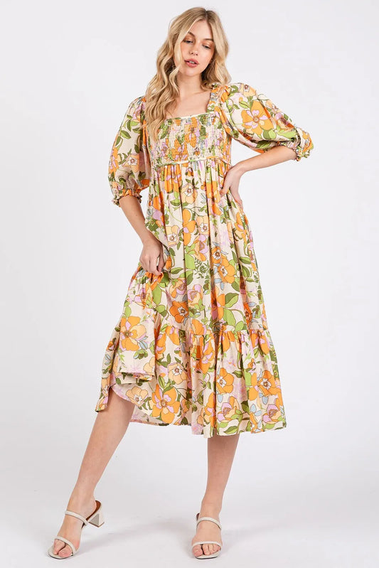 Image of Mittoshop Flower Print Puff Sleeve Ruffle Smocked Midi Dress | Queeble.shop