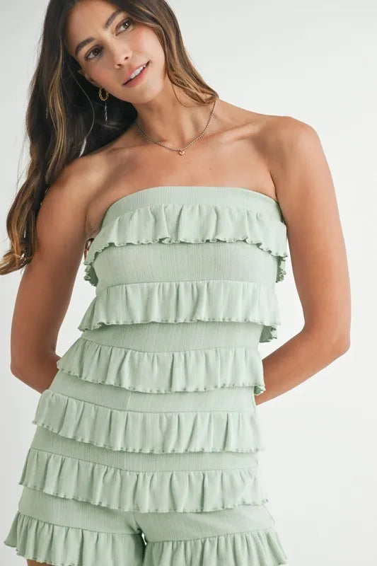 Image of MABLE Pointelle Knit Fabric Ruffled Tube Romper | Queeble.shop