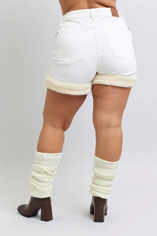 Image of Judy Blue Full Size High Waist Shearling Cuff Denim Shorts Plus Size | Queeble.shop