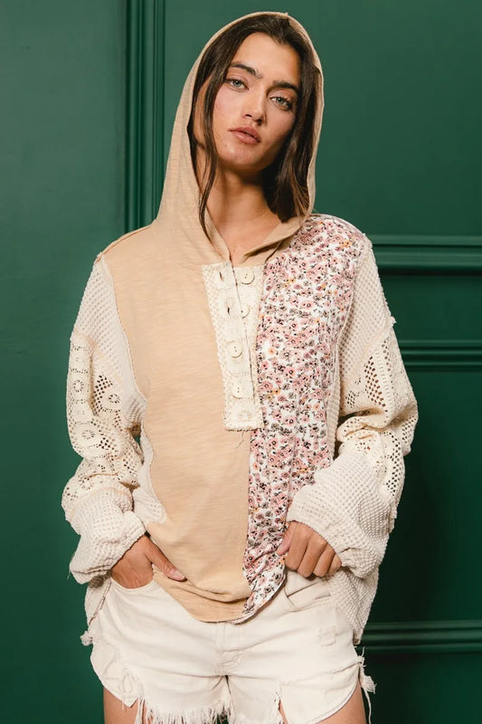 Image of BiBi Slub Jersey with Lace Combo Buttoned Hoodie Top | Queeble.shop