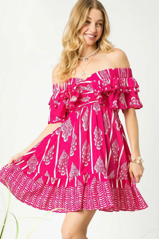 Image of Umgee Off-Shoulder Paisley Print Ruffled Mini Dress | Queeble.shop
