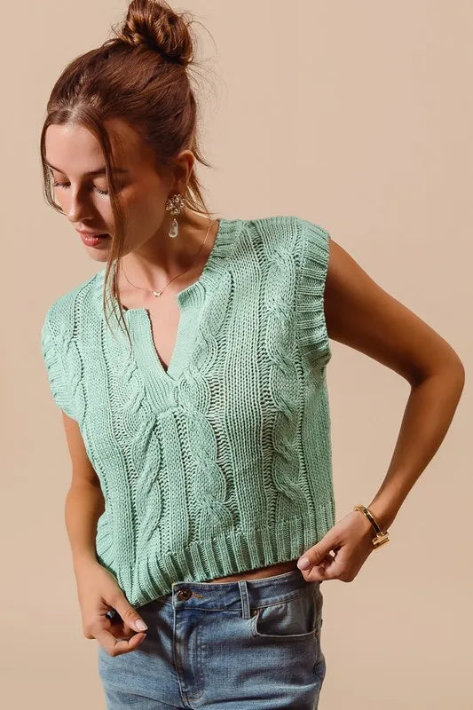 Image of SO ME Notched Neck Cable Knit Sweater Vest | Queeble.shop