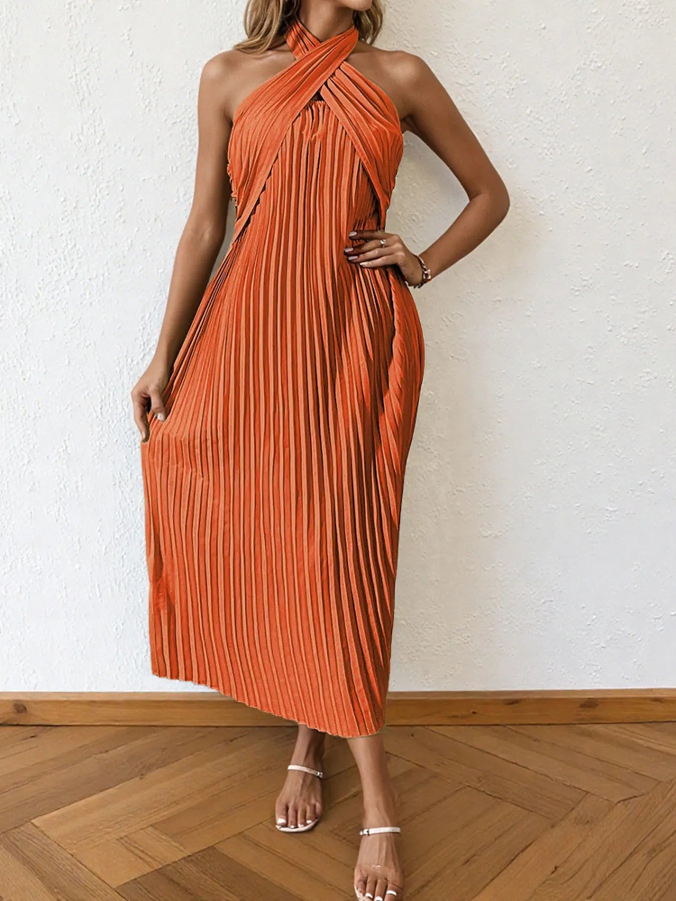 Image of Pleated Halter Neck Midi Dress | Queeble.shop