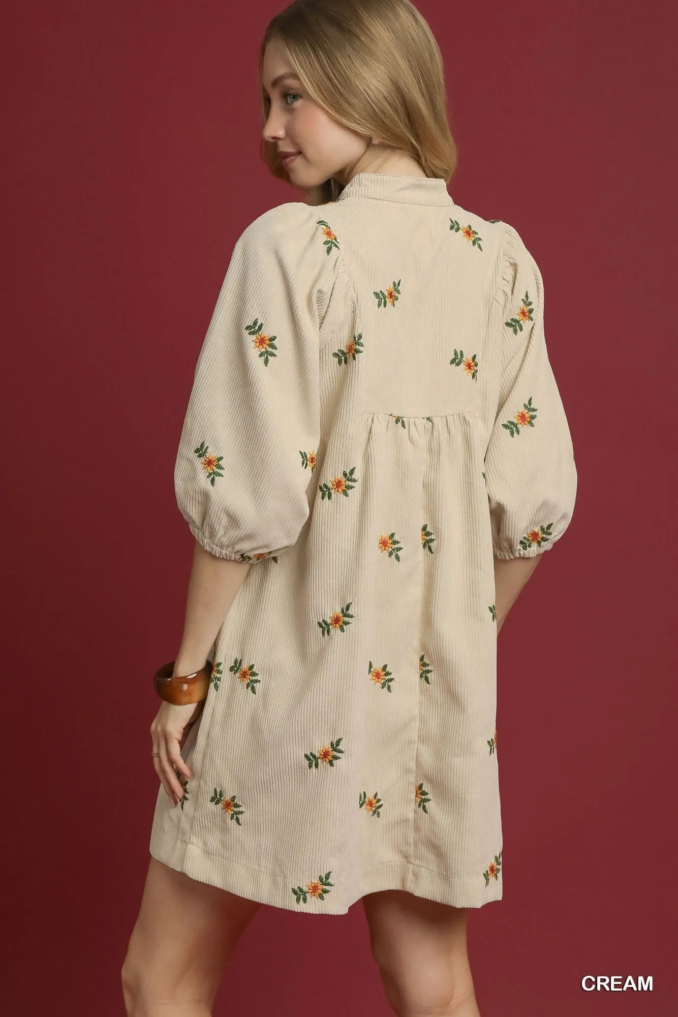 Image of Umgee Corduroy Babydoll Dress with Floral Embroidery | Queeble.shop