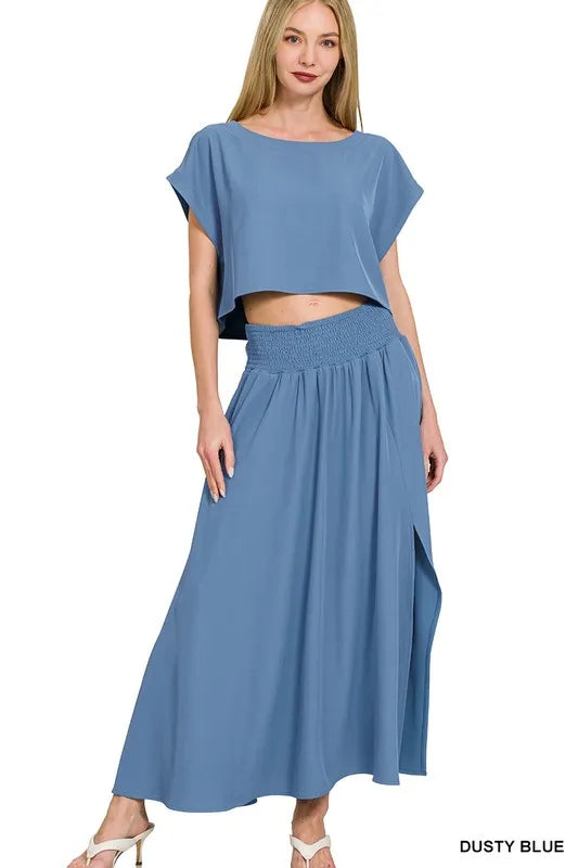 Image of Zenana Woven Crinkle Gauze Crop Tee and Skirt Set | Queeble.shop