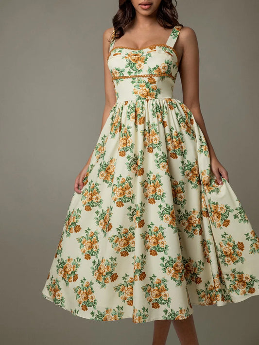 Image of Lace Trim Floral Sleeveless Midi Dress | Queeble.shop