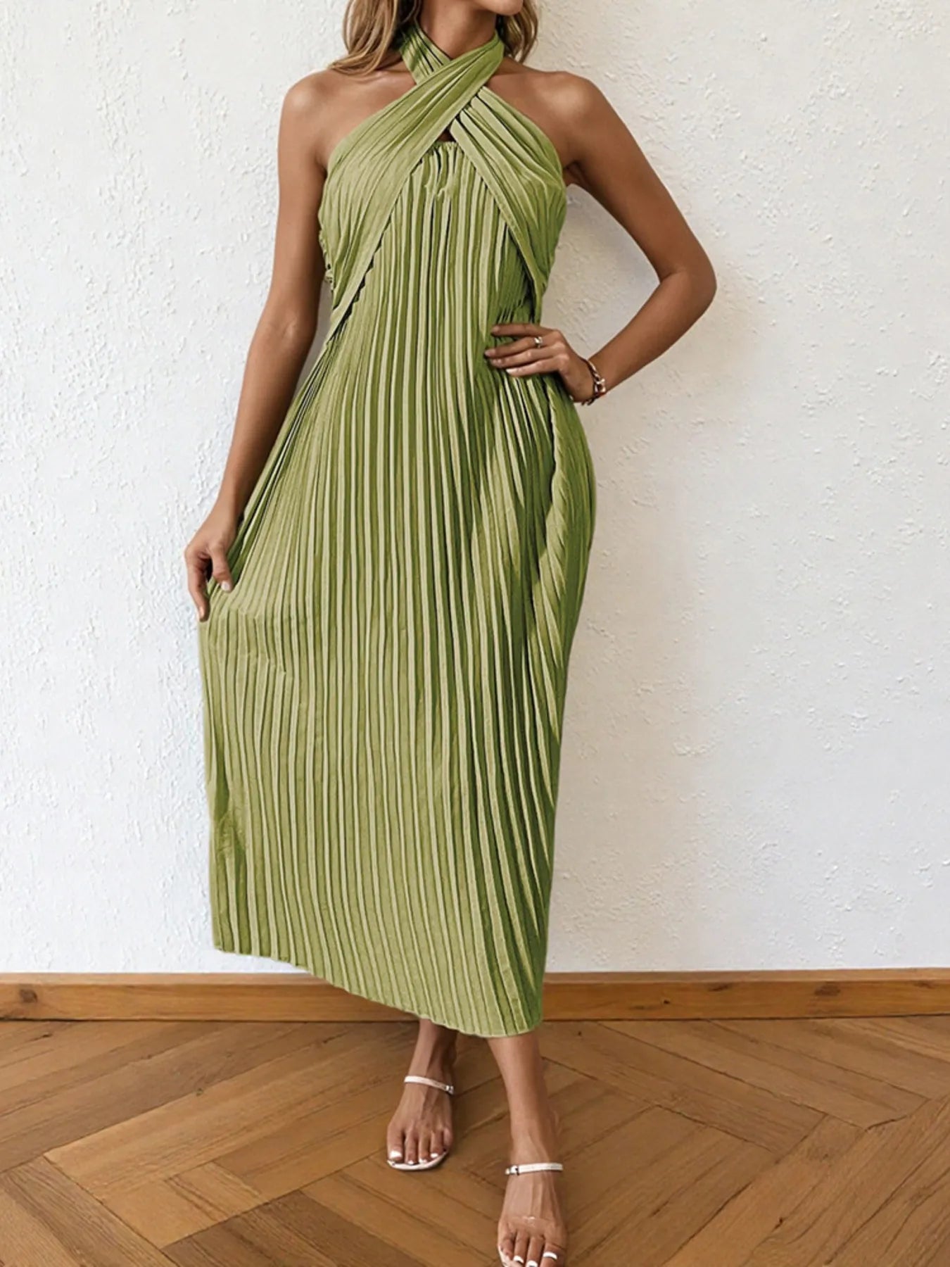 Image of Pleated Halter Neck Midi Dress | Queeble.shop