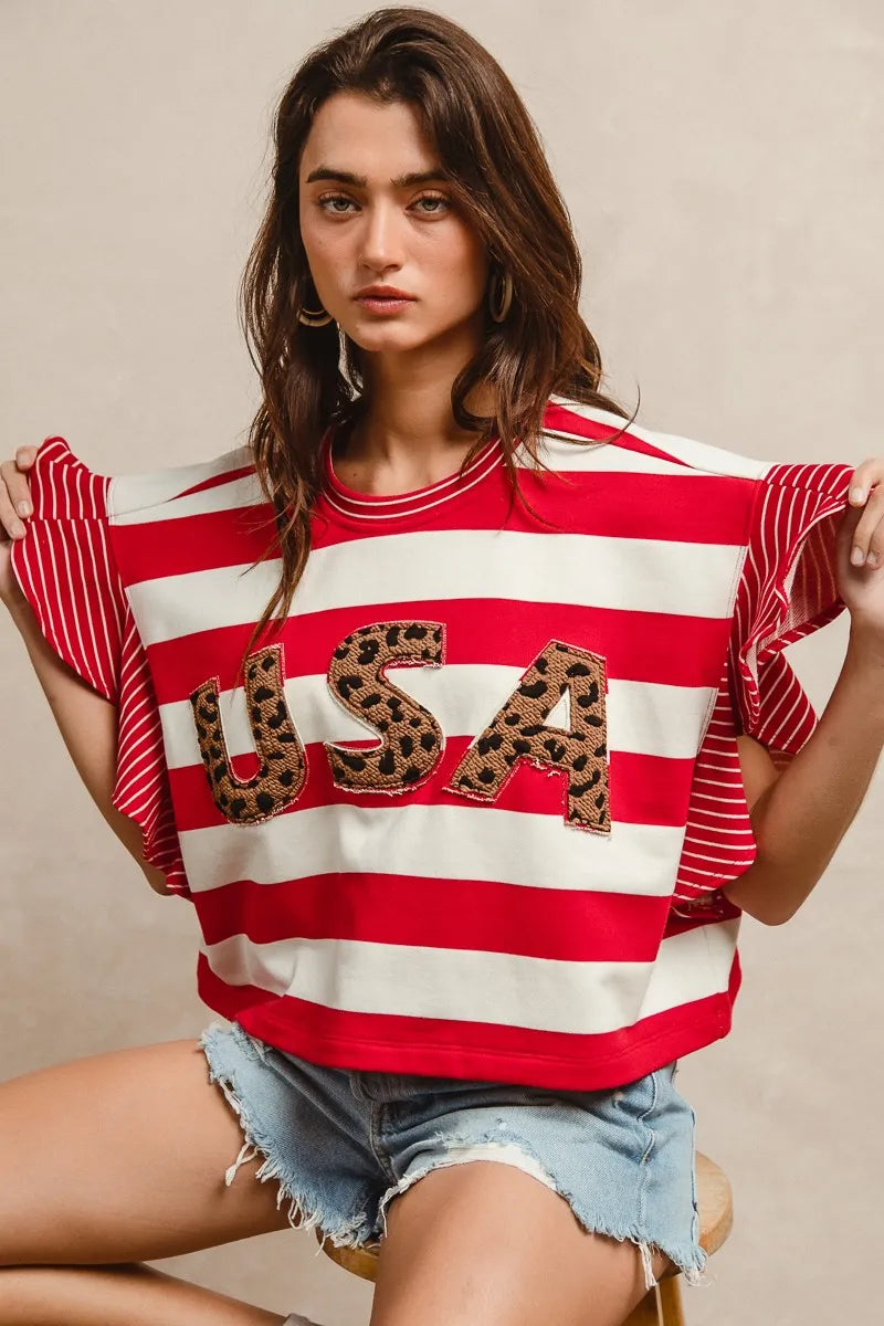 Image of BiBi Stripe Mixed Ruffle Sleeve Top With Leopard Letter | Queeble.shop