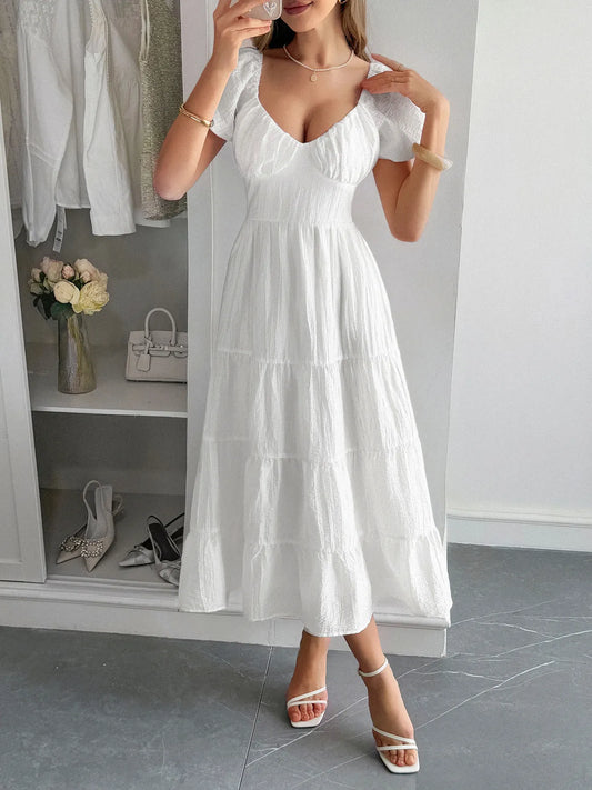 Image of V-Neck Short Sleeve Midi Dress | Queeble.shop