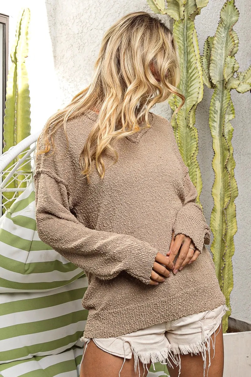 Image of BiBi Raw Edged Popcorn Texture V-neck Sweater | Queeble.shop