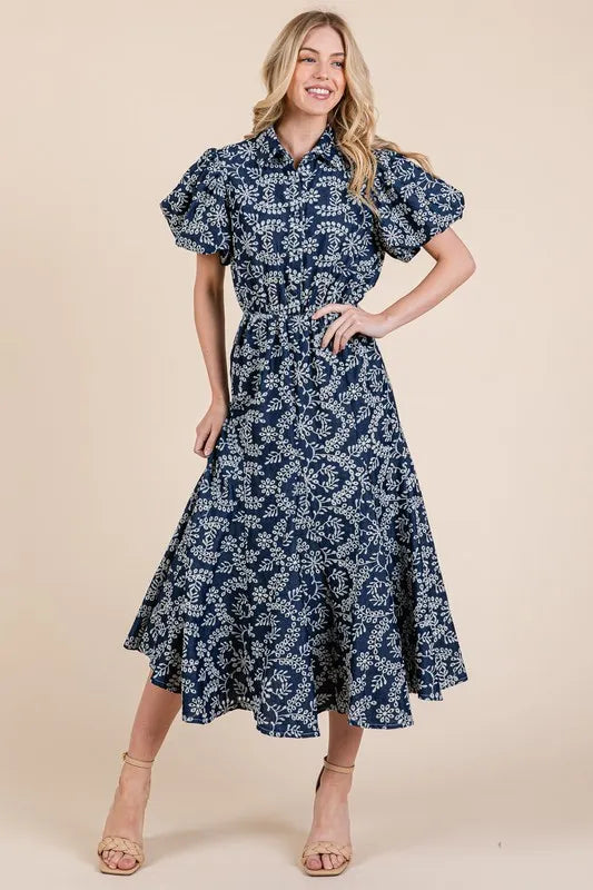 Image of GeeGee Natural Leaf Pattern Eyelet Lace Puff Sleeve Dress | Queeble.shop