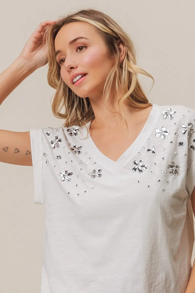 Image of BiBi Slub Jersey Rhinestone V Neck Top | Queeble.shop