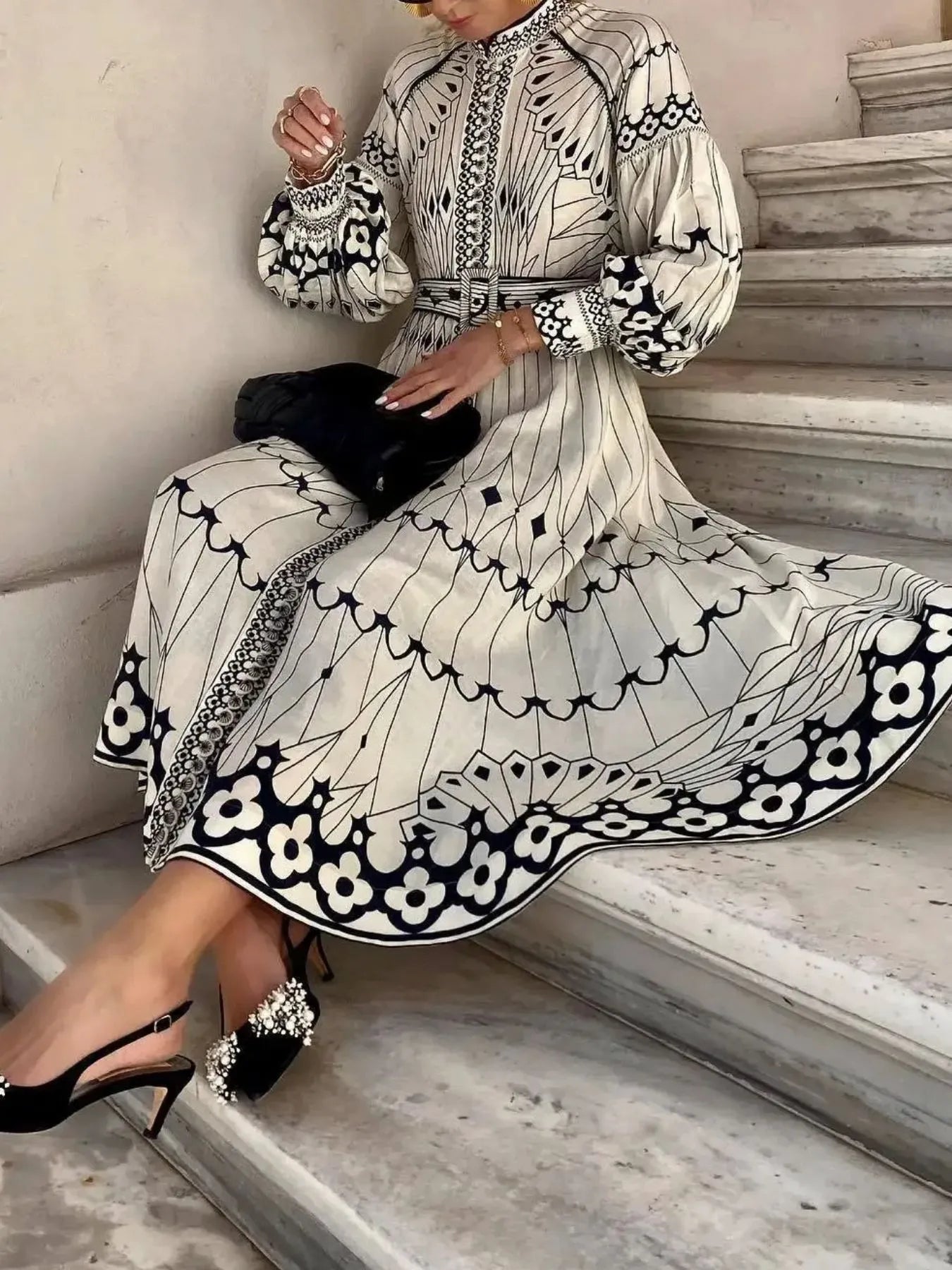 Image of Printed Long Sleeve Shirt Dress with Belt | Queeble.shop